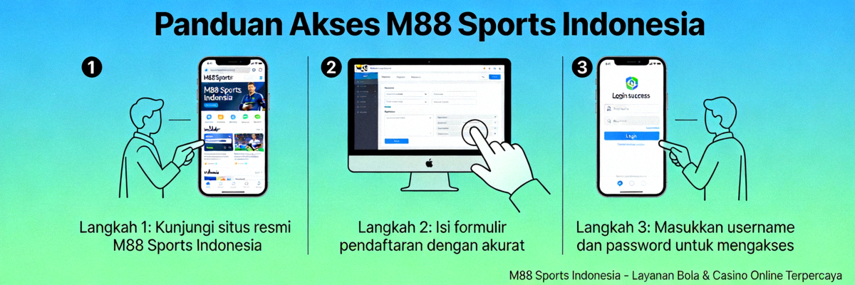 Banner panduan akses M88 Sports Indonesia dengan langkah-langkah mudah