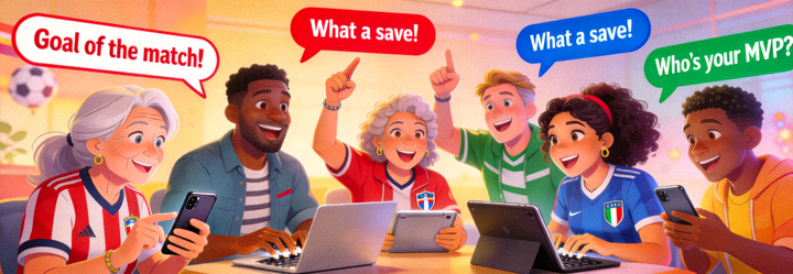 Ilustrasi komunitas penggemar olahraga berdiskusi secara online tentang pertandingan terkini