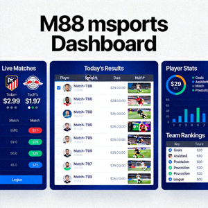 Tampilan dashboard M88 msports dengan panel statistik olahraga dan informasi pertandingan